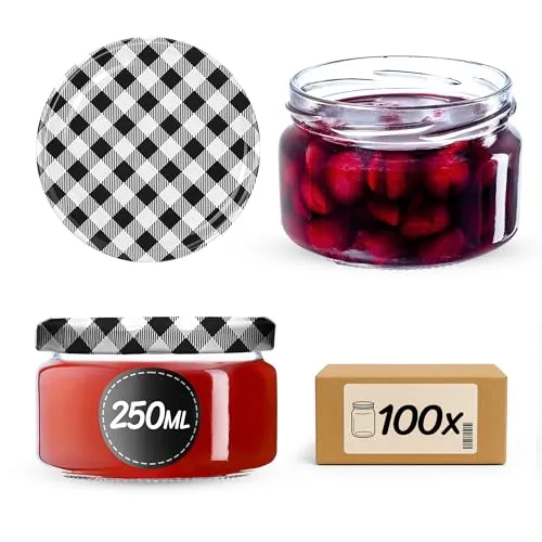 KADAX 100er Set Marmeladengläser 250ml mit Schraubdeckel Ø 82 mm in Schwarz kariert - luftdichte, spülmaschinenfest, ideal für Marmelade, Chutneys, Eingelegtes Gemüse, Fleisch, Pasteten & Babynahrung