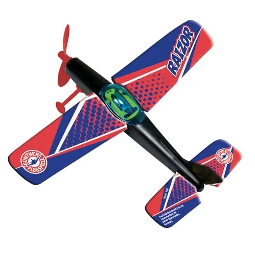 Günther Modellflugzeug ''RAIZOR'' - 25 x 22 cm - Kunststoff-Spielzeugflugzeug, das mit einem aufgedrehten Gummiband fliegt. Einfach den Propeller drehen, aufziehen und abheben! Ideal für spannende Flugabenteuer.
