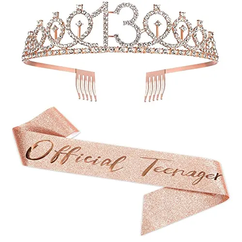 Coyanyu 13 Geburtstagskrone Schärpe, Roségold Geburtstag Krone Strass Tiara Diadem und Official Teenager Schärpe Party Einstellen für Mädchen Frauen zum Geburtstag Party Accessoires Deko