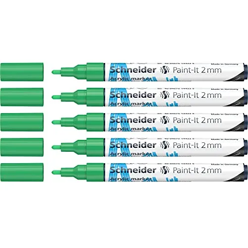 Schneider 120104 Paint-It Acrylstifte (mit 2 mm Rundspitze, hochdeckende Acrylfarben für Holz, Leinwand, Stein uvm.) 5er Pack, grün