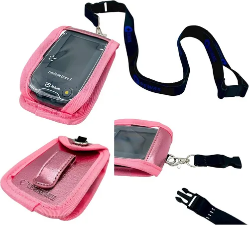 SEWAS Diabetic Care Aufbewahrungstasche Tasche zum Umhängen passend für Freestyle Libre Messgerät 3 Pink (2-tlg., Tasche, Halsband), Bedien- und Sichtfenster