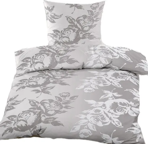 KH-Haushaltshandel Bettwäsche 2-tlg. Bettwäsche Biber Winter Bettwäsche 135 x 200 +80x80cm, Blüten, Biber, 2 teilig, grau weiß, flauschig weich, warm, Baumwoll Mischgewebe