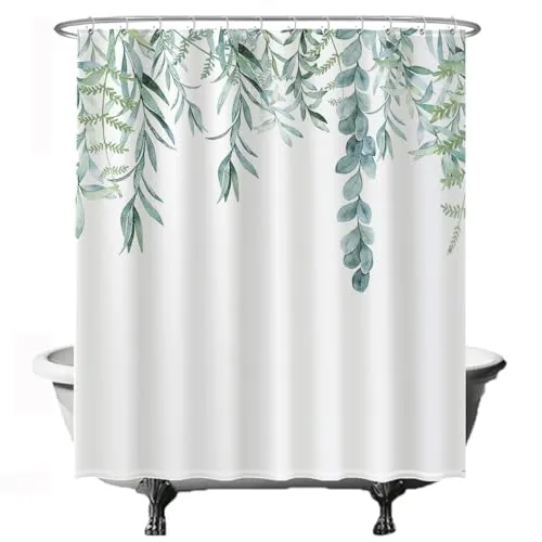 Ulticool Duschvorhang - Blätter Hängepflanze Natur - 180 x 200 cm - Waschbar - Anti Schimmel - mit 12 Ringen - Weiß Grün