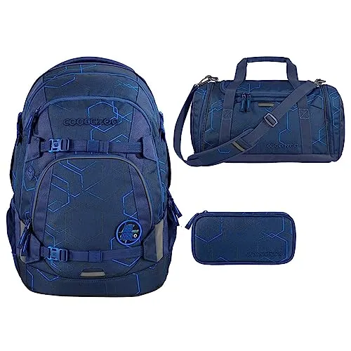 coocazoo MATE Schulrucksack-Set 3tlg (Blue Motion) - Schulranzen-Set mit 30 Litern Stauraum, ergonomischem Tragekomfort und austauschbaren Klett-Patches für individuelle Gestaltung. Inkl. Sporttasche und Schlamperbox.