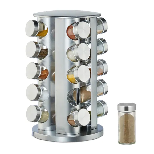 Relaxdays Gewürzkarussell - 20 drehbare Gewürzgläser, modernes Design aus Edelstahl, ideal für eine platzsparende Gewürzaufbewahrung