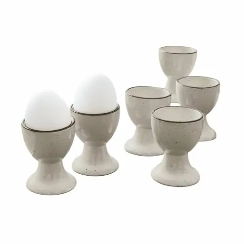 LOBERON Eierbecher 6er Set Biarré - Steingut mit Zierendem Farbrand - Handgetöpfert - Glänzende Oberfläche - 6.5cm, grau