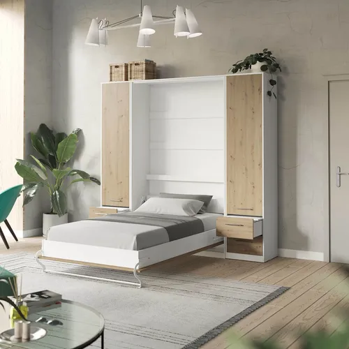 Wohnwand Set Schrankbett 140x200 Vertikal – Modernes Design in Weiß/Wildeiche