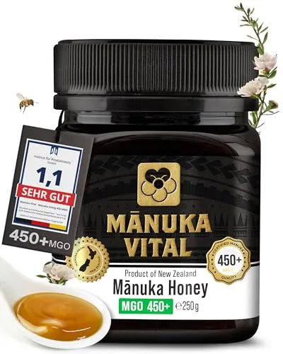 Manuka Vital MGO 450+ 250g | 100% natürlicher Manuka Honig aus Neuseeland - Honig, der in Neuseeland geerntet und doppelt analysiert ist. Mit mindestens 450 MGO bietet er einzigartige gesundheitliche Vorteile und ist ein Muss für Honigliebhaber.