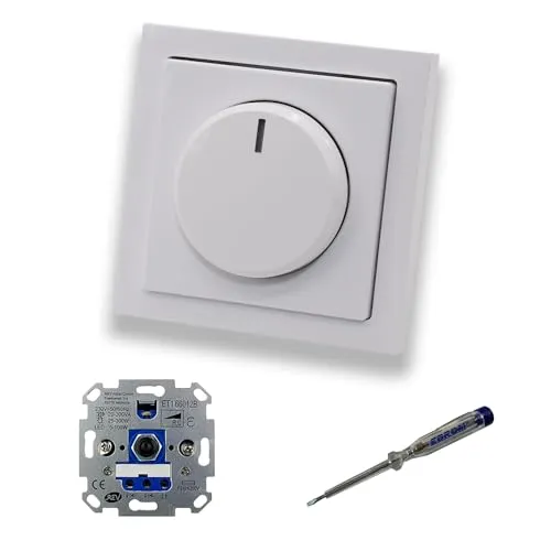 REV Ritter LED Drehdimmer LED-Dimmer mit Busch Jäger Dimmerscheibe Zentralplatte 6540-84-102 Einfachrahmen in Future Linear Studioweiß glänzend + EBROM Phasenprüfer z. Montage des Dimmers ET1 66012B