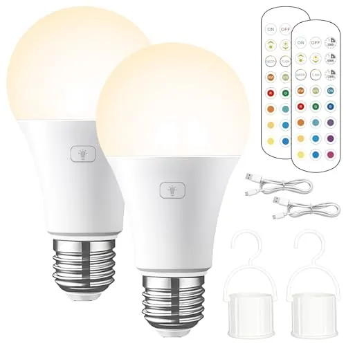 Glühbirne mit Batterie: 2 Stück USB Aufladbare Glühbirne mit Fernbedienung, E27 LED GlühbirnE RGB, Wiederaufladbare GlühbirNe Akku GlühbiRne Touch Control 15 Farben Dimmbare LED Mit Timing-funktion