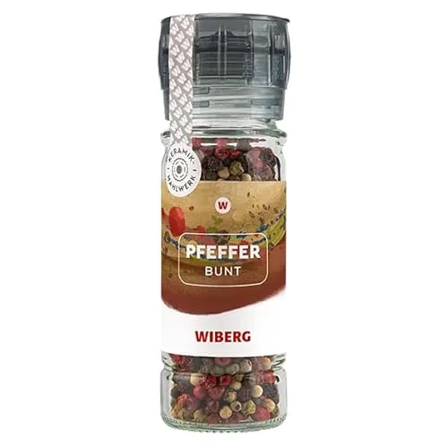 Wiberg Einwegmühle Pfeffer Bunt ganz, 43g Umweltfreundliche, recycelte Gewürzmühle mit Keramikmahlwerk und intensiver Würzkraft