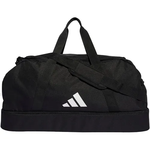 Adidas Tiro League Duffelbag L - schwarz - Sporttasche für Fußballausrüstung mit praktischem Hartschalen-Bodenfach und seitlicher Mesh-Tasche für Wasserflasche. Verstellbarer Schulterriemen und U-förmige Öffnung für einfachen Zugriff. 40% Recycling-Anteil für Umweltbewusstsein.
