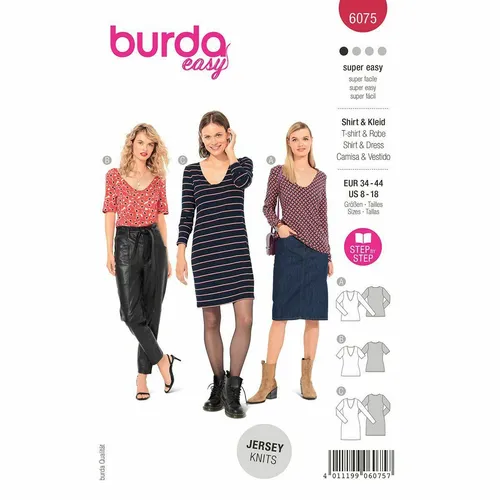 Burda 6075 Kleid T-Shirt Damen Nähmuster Größen 8 - 18 Fähigkeit: Super Einfach