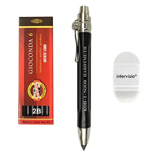 intervisio Koh-I-Noor 5311 Mechanischer Fallminenstift 5,6 mm – Metallminenhalter mit Graphitminen Set 4865 2B Bleistiftspitzer mit Radiergummi