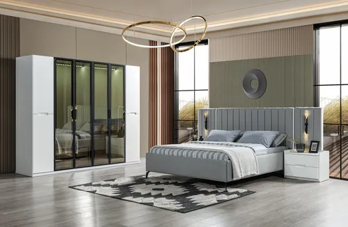 Komplett Schlafzimmer Set 4tlg - Bett, Schrank & Nachttische - Moderne Schlafzimmergarnitur für Jugendliche und Erwachsene, bestehend aus Bett (160x200 cm), Schrank und 2 Nachttischen. Mit praktischen Schubladen und verspiegelten Elementen für zusätzlichen Stauraum.