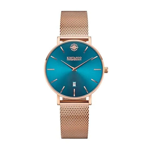 Kistanio Petit Damenuhr mit Milanaiseband Datum Edelstahl Rose Azurblau Saphirglas RG-AZS-M