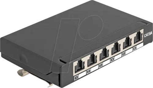 DELOCK Mini Desktop Patchpanel RJ45 6Port Cat.6A schwarz - Sonstige Netzwerkartikel mit vielseitiger Montageoption: Ideal für kleine Netzwerkinstallationen, robustes Metallgehäuse und RJ45 Buchsen mit Staubschutzklappen.