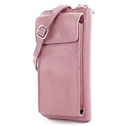 modamoda de P06 Damen Leder Umhängetasche Geldbörse Handytasche 6,5 Zoll handmade in Italy, Farbe:Altrosa
