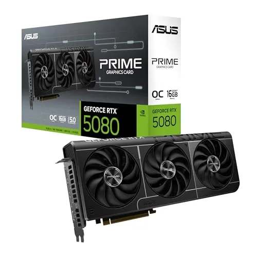 ASUS PRIME GeForce RTX 5080 OC 16GB GDDR7 - Grafikkarte mit 16 GB GDDR7-Speicher, G-SYNC/FreeSync-kompatibel und ideal für Gaming mit mehreren Monitoren.