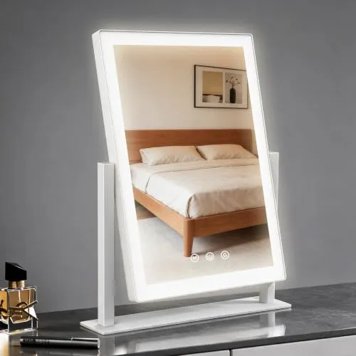 AIMAX Schminkspiegel mit Beleuchtung, 27,5x37,5cm, 3 Lichtmodi & Dimmbar | Hollywood Spiegel, Kosmetikspiegel mit Licht, Tischspiegel dimmbar, Touch-Steuerung, Weiß, 360° drehbar