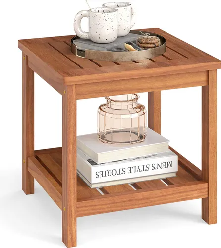 COSTWAY Beistelltisch Holz – Robuster Gartentisch mit Ablagefach