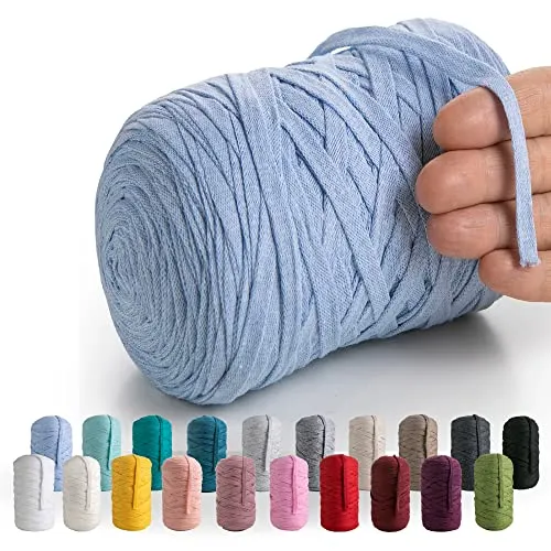 MeriWoolArt® Baumwollgarn Band Blau - 10mm T-Shirt Band Garn für Stricken, Makramee, Häkeln, Weben, Geschenkband - 150 m Baumwollband (Babyblau)