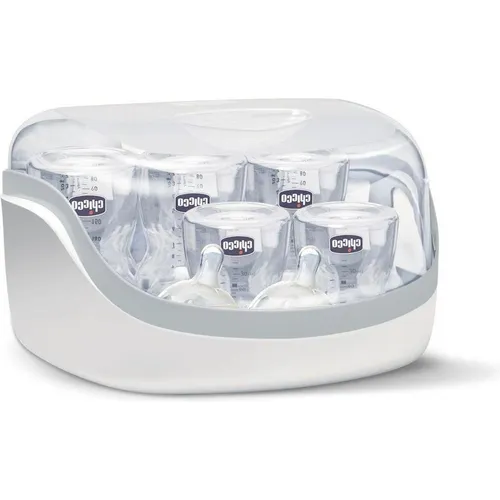 Chicco Sterilisator für die Mikrowelle - Sterilisator für bis zu 5 Flaschen, schnelle 3-Minuten-Sterilisation, hygienische Zange inklusive, ideal für die sichere Babynahrungspflege.