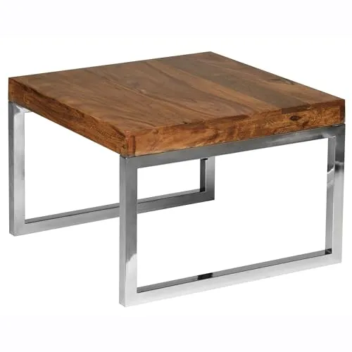 FINEBUY Beistelltisch FB36082 - Massivholz & Chrom 60x60cm - Ablagetisch aus hochwertigem Mango-Holz mit modernem Design, ideal als Sofatisch für stilvolle Wohnräume.