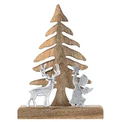 Amagohome Holzfigur Weihnachtsbaum mit Hirsch u. Engel 20x27cm Weihnachtsdeko Mangoholz Aluminium