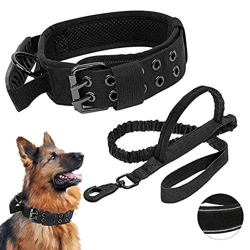 WOOLUCK Halsband Taktisches Hundehalsband mit Griff, Reflektierendes Verstellbare Hundehalsband mit Robuste Metallschnalle, Militär Hundehalsband und Leine Set, für Mittlere Große Hunde,L