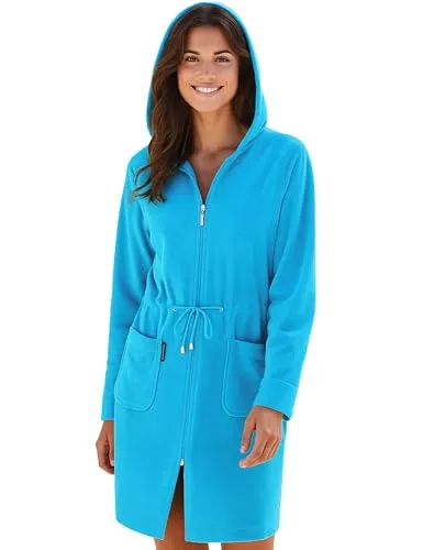 Morgenstern Bademantel Damen kurz Reißverschluss und Kapuze Türkis Badejacke klein S Baumwolle Frauen weich frottee zipp kurz leicht