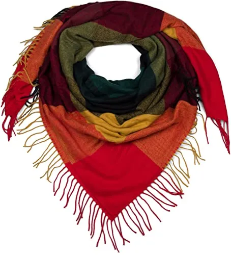 styleBREAKER Damen XXL Schal mit mehrfarbigem Karo Muster und Fransen, warmes Winter Tuch, Deckenschal 01017116, Farbe:Rot-Grün-Gelb