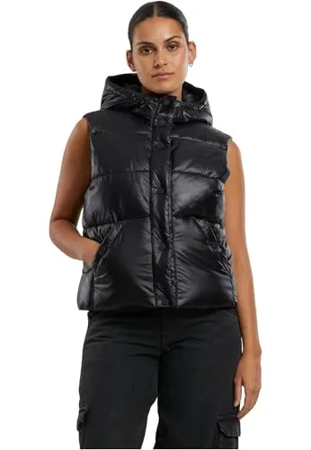 Urban Classics Damen TB7004 Glänzende Puffer-Weste mit Kapuze - Funktionsjacken aus 100% recyceltem Nylon, schimmerndes Finish für einen eleganten Look und kuschelige Wärme mit praktischen Taschen.