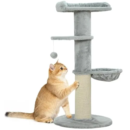 PawHut Kratzbaum 103,5 cm Katzenbaum mit Hängematte, Bett, Plattform, Katzenkratzbaum mit Sisal-Kratzsäulen, Spielball, für Katzen bis 6 kg, Hellgrau
