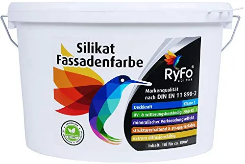 RyFo Colors Silikat Fassadenfarbe 10l - Hochwertige Außenfarbe in Weiß - Extrem atmungsaktive Silikatfarbe für langlebige Fassadenanstriche. Hochwertige Deckkraft und Witterungsbeständigkeit, ideal für anspruchsvolle Projekte im Innen- und Außenbereich.
