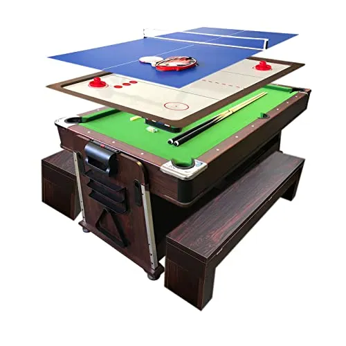Billardtisch 7 FT Grün mit Bänken und Tischspiele - Pool-Billardtisch 7 FT in Grün mit Bänken, Tischhockey und Tischtennis. Ideal für Spielabende mit Freunden und Familie – inkl. einfacher Montage!