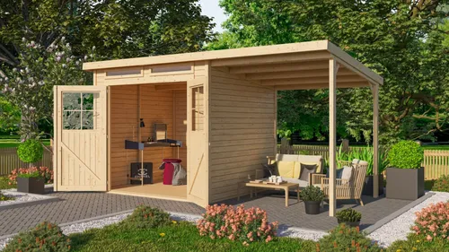Karibu Gartenhaus Gerätehaus Glücksburg 4 im Set mit Anbaudach naturbelassen 426x217x220 cm