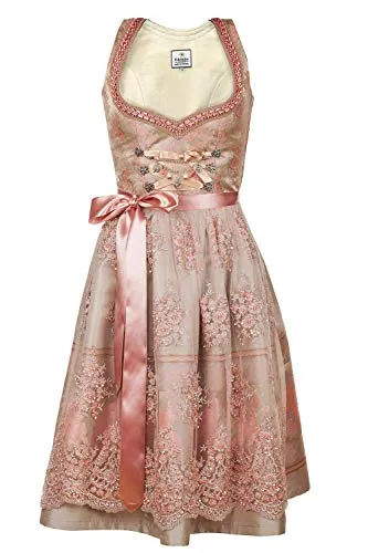 Edelnice Trachtenmode Kinder Dirndl Rosalie 3-TLG. inkl. Bluse, Schürze und Charivari (128) - Dirndl & Dirndl-Sets für Mädchen, aus goldenen Brokatstoff mit eleganten Rosenmuster und handgefertigtem Charivari, lässt Kinderaugen strahlen.
