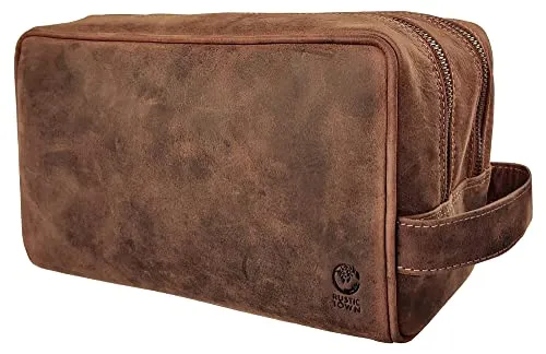 Rustic Town kulturtasche kulturbeutel Leder | Leather Toiletry Bag wash Bag | Leder Kosmetiktasche Waschtasche Reise-Tasche für Herren und Damen (Braun)