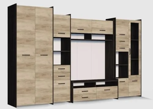 Easy4You Wohnwand Mokka S B:310 cm Eiche Canterbury/Country Grau Stilvolles Funktionales Möbelset für Wohnzimmer viel Stauraum Moderner Optik Kleiderschrank Bücherregal Lowboard Vitrine