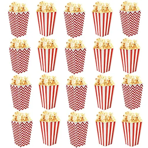 Dokeno 20 Stück Rote & Weiße Popcornboxen, Wiederverwendbare Popcorn Becher aus Papier, Popcornbehälter für Geburtstagsfeiern, Filmabende, Hochzeiten usw. - Streifen & Wellen, 7 x 5 x 11,5 cm