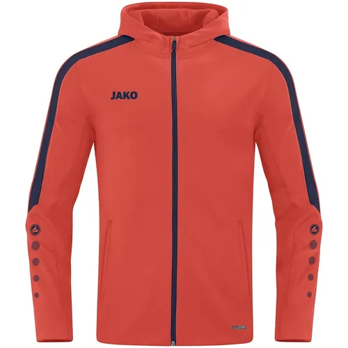 JAKO Damen Kapuzenjacke Power, Flame/Marine, 34 - Funktionsjacke für Damen, atmungsaktiv und fleecegefüttert für optimalen Komfort bei kaltem Wetter. Ideal für Sport und Freizeitaktivitäten, mit praktischen Reißverschlusstaschen.