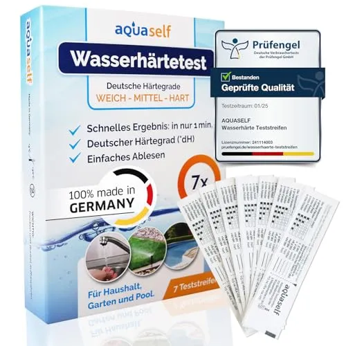 Wasserhärte Teststreifen – 7 Stück – Deutscher Härtebereich °dH – Wasserhärte messen in weich, mittel, hart – einzeln verpackt – Made in Germany