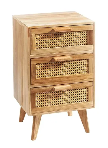 Kobolo Regal Kommode mit Wiener Geflecht - Stylische Holzkommode mit 3 Schubladen, ideal für Wohnzimmer oder Schlafzimmer, vereint Vintage-Ästhetik mit modernem Boho-Design und schafft eine warme Atmosphäre.