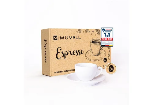 MUVELL Espressotassen Set - 6 dickwandige Tassen & Untersetzer - Elegantes Espressotassen Set aus Keramik mit 6 Tassen (60 ml) und Untersetzern. Ideal für aromatischen Kaffeegenuss, kratzfest und spülmaschinengeeignet – perfekt als Geschenk!