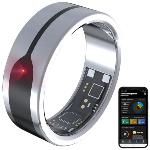 Newgen Medicals Damen-Ring: Fitnesstracker-Ring, Herzfrequenz- & SpO2-Anzeige, 2 mm, Silber, Gr.68 (Aktivitäts-Tracker, Smartring, Fernbedienung)