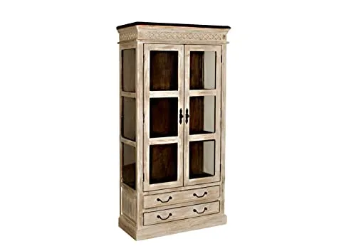 Shabby Chic Vitrine im Landhausstil - Elegante Vitrine aus massivem Mango- und Akazienholz im Shabby Chic-Design mit aufwendigen Schnitzereien. Ideal für das Wohnzimmer und bietet viel Stauraum mit 2 Türen und 3 Regalfächern.