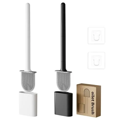 Yolistar 2er Set Klobürste Silikon, WC Bürste Wandmontage, Stehen für Badezimmer, Toilettenbürste Ohne Bohren, Flexibel Flache Silikon, für Badezimmer oder Gäste-WC(Weiß & Schwarz)