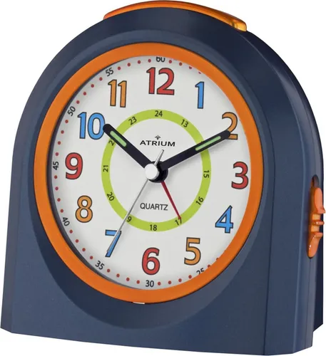 Atrium Kinder Wecker Analog Quarz ohne Ticken - Stylischer Kinderwecker in Dunkelblau-Orange, mit Snooze-Funktion und leuchtenden Zeigern für ungestörten Schlaf – ideal als Geschenk für kleine Träumer.