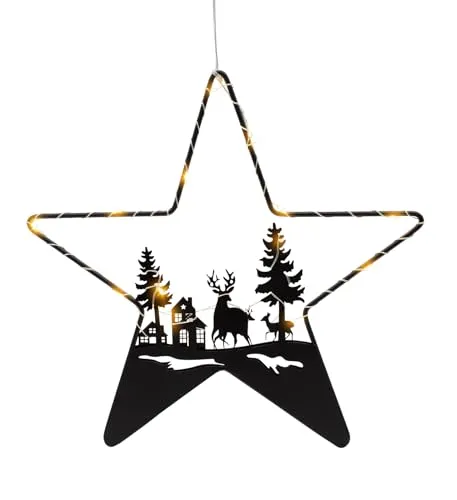 Spetebo LED Stern Silhouette schwarz mit Weihnachts Motiv - 30 cm - Deko Aufhänger mit 14 LED in warm weiß beleuchtet - Schattenbild Winter Szene Weihnachtsdeko Silhouettenbild
